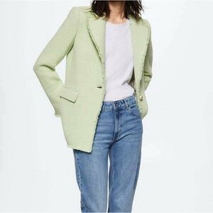 MANGO Tweed Blazer XL Mint Green Fringe Pearl Button